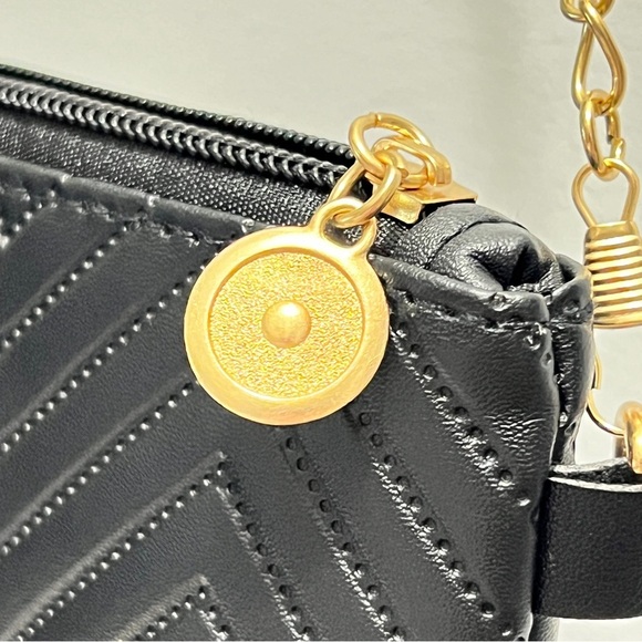 Leatherette Elegant Black Chevron Shoulder Crossbody Bag Gold chain - Picture 4 of 7